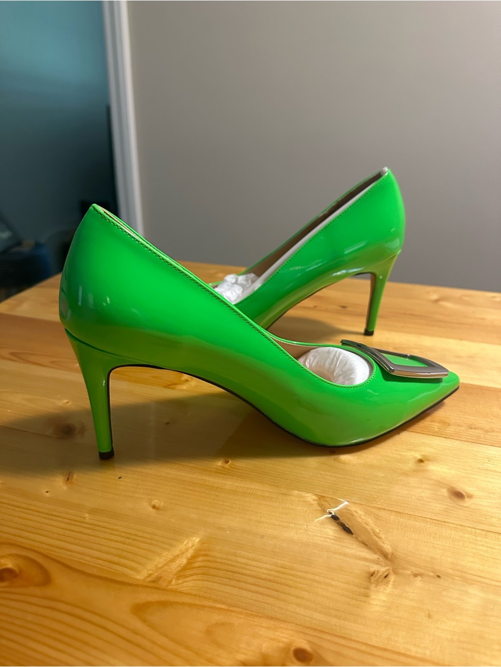Bright Green Pointed Toe Women’s Pumps with Silver Buckle Accent - Picture 3 of 7